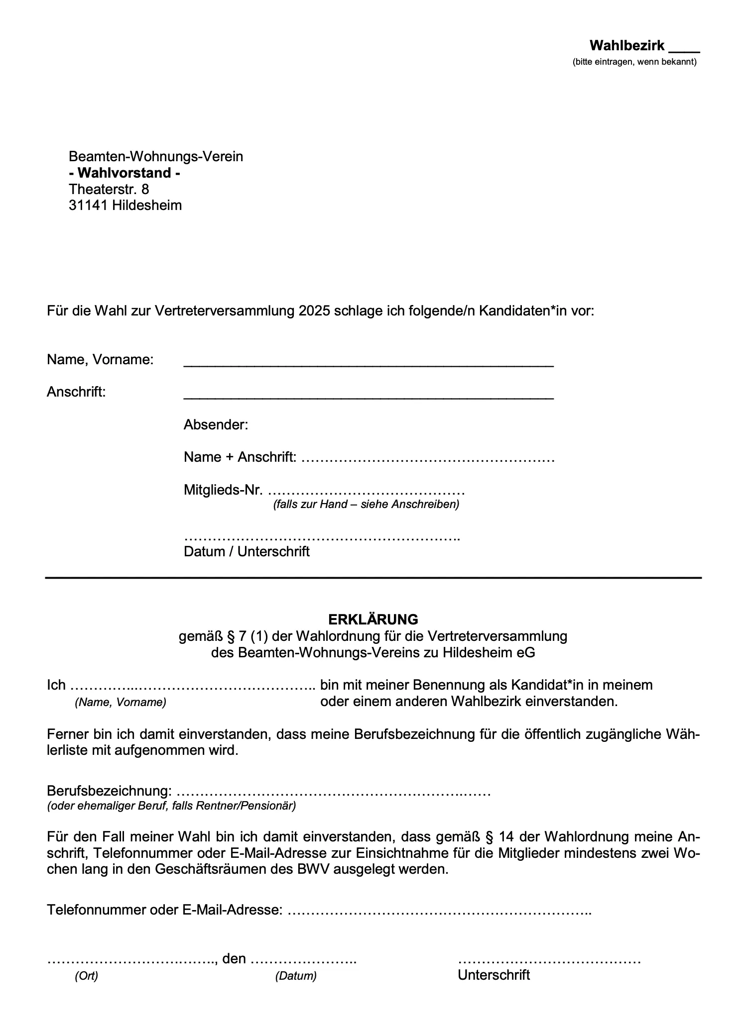 Kandidatenvorschlag Wahl 2025